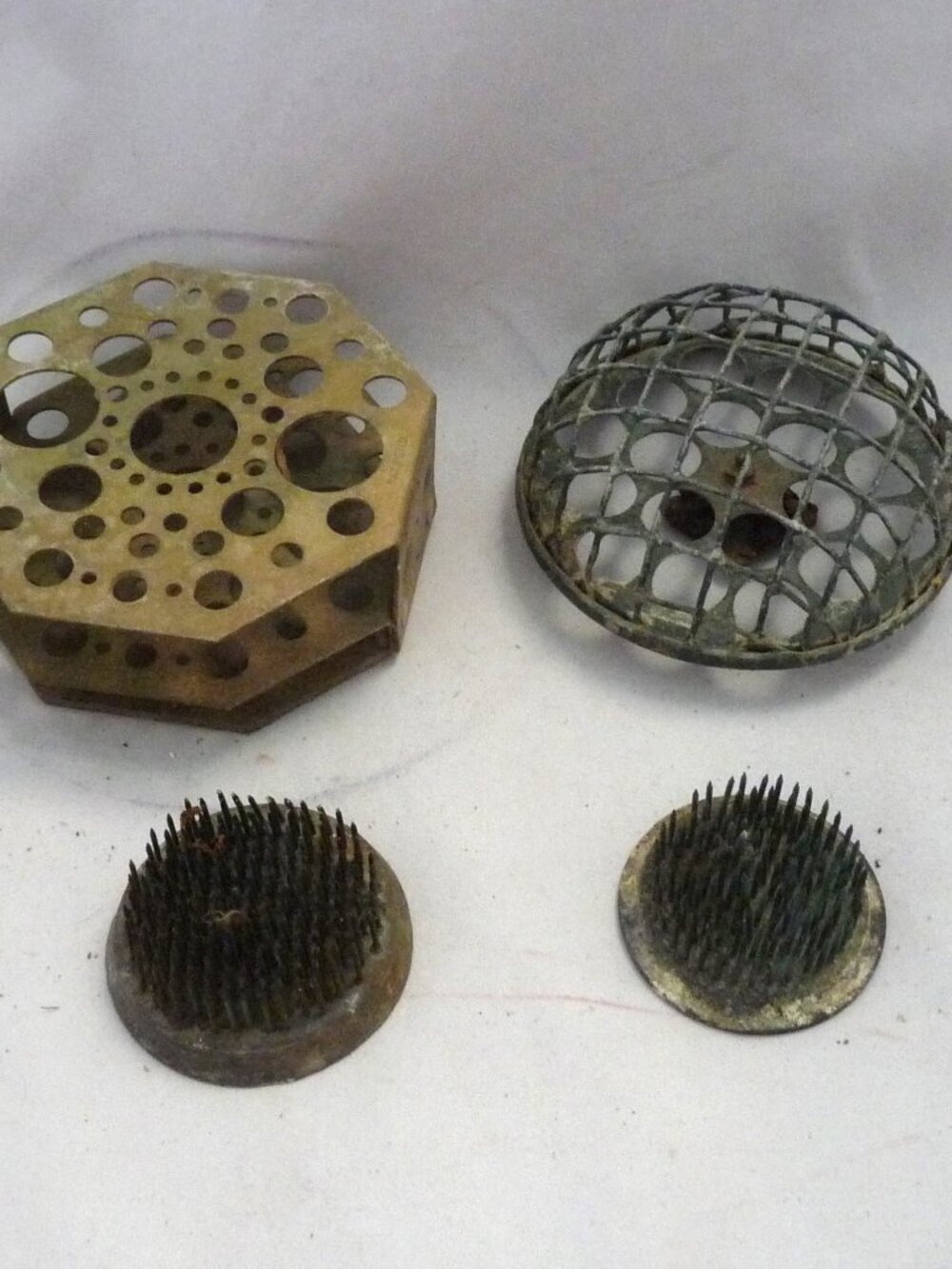 4 vintage flower arranging frogs aluminum cage needle